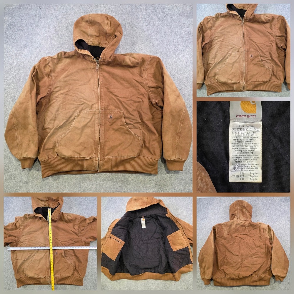 VTG Carhartt Jacket Mens 2XL Brown Canvas Quilted Lined Hooded Workwear J130